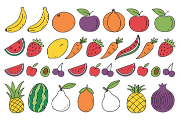 Collection of fresh cartoon fruit and vegetable vector icons
