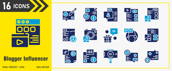 Blogger Influencer icon set. Editable Stroke Icon Collection. gift, global, music document, money paper, record, communication. Duotone icons, icon interface, icon pack, vector collection.