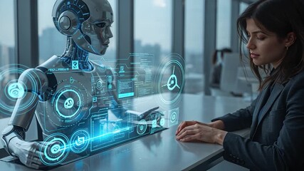 Futuristic collaboration unfolds as businesswoman interacts with cutting-edge robot in dynamic office setting, shaping the future of AI - Powered by Adobe