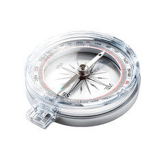 Vintage brass compass with white face and red needle pointing north isolated on transparent background