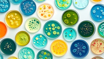 Abstract laboratory petri dishes with bacterial colonies, minimalistic style