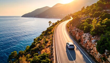 Aerial view of car driving on asphalt highway road near the ocean, sun shine, travel concept