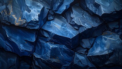 A close-up view of deeply textured, dark blue rocks, showcasing intricate patterns and dramatic forms.