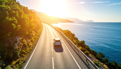 Aerial view of car driving on asphalt highway road near the ocean, sun shine, travel concept