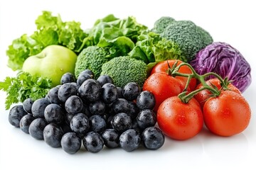 Fresh vegetables and fruits arranged on white background
