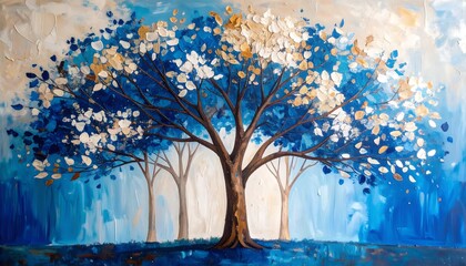 Blue, beige, and brown abstract tree art in acrylic, perfect for home dأ©cor