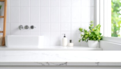 Blurry tiled wall bathroom background with empty white marble tabletop