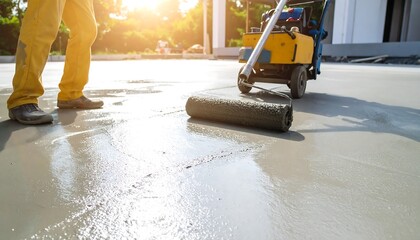 Building renovation home concept, needle roller for new screed concrete with mixture of cement for leveling for floors