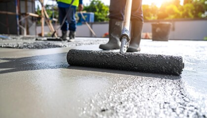 Building renovation home concept, needle roller for new screed concrete with mixture of cement for leveling for floors