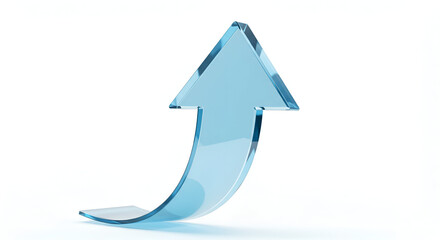 A glossy, translucent blue arrow curves upwards, symbolizing growth and positive progression.