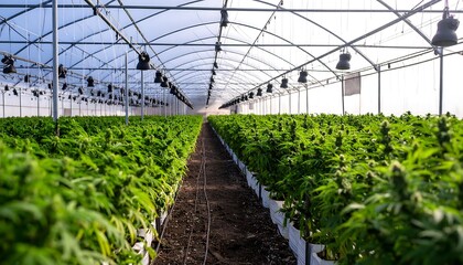 Commercial cannabis grow in greenhpuse, rows of plants