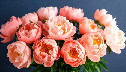 Coral peony flowers background close up