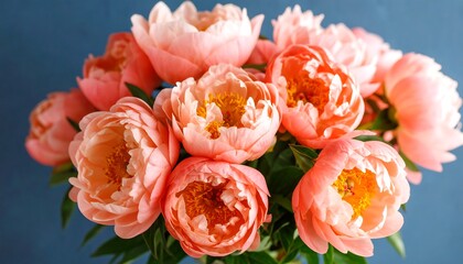 Coral peony flowers background close up