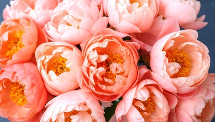 Coral peony flowers background close up