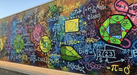 Vibrant Graffiti Mural Featuring Mathematical Equations and Geometric Shapes.