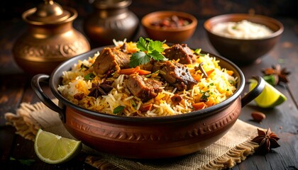 Delicious and spicy indian meat biryani in traditional pot