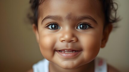 Portrait of Innocence: A captivating portrait of a cheerful baby, exuding joy with wide, sparkling eyes and a delightful smile, evoking warmth and tenderness.