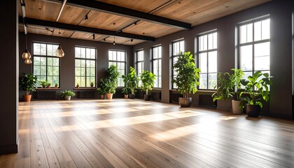 Empty room of modern contemporary loft with plants on wooden floor