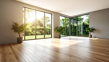 Empty room of modern contemporary loft with plants on wooden floor