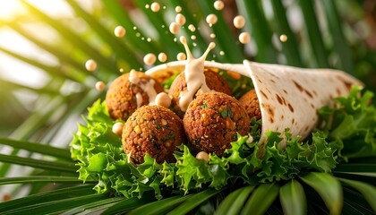 Food photography, falafel wrap with a burst of tahini, on a tropical palm leaf background