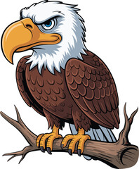 Cartoon bald eagle, fierce expression, perched on branch, blue eyes, yellow beak, vector illustration, kids coloring page, patriotic bird drawing