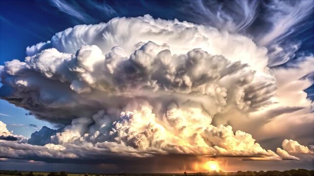 A landscape with a large thundercloud from which it rains
