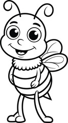 Cartoon bee coloring page, black and white insect drawing, cute character, kids activity sheet, vector outline, educational art, smiling bug