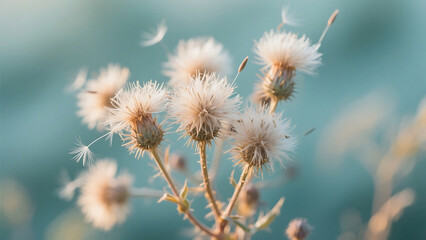 Obraz premium Close up of thistle flowers with seeds blowing in the wind against a soft blue background