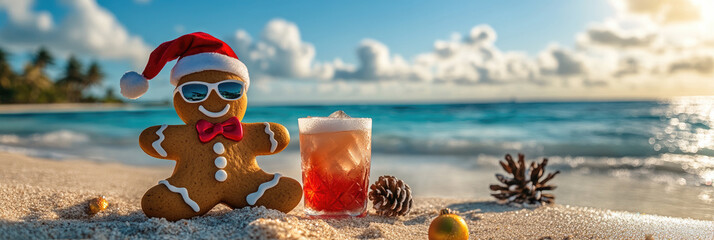 Gingerbread man with santa hat and sunglasses is relaxing on a tropical beach with christmas decorations and a refreshing cocktail, enjoying christmas vacation