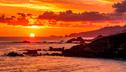 Obraz premium Stunning fiery red sunset over rocky coastline with glowing clouds and calm sea