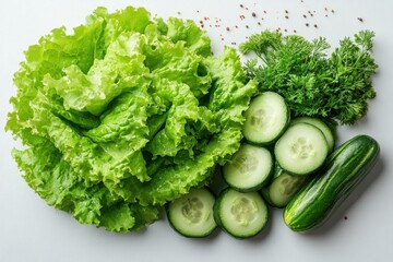 Obraz premium Green Lettuce, Cucumbers, and Fresh Herbs Isolated