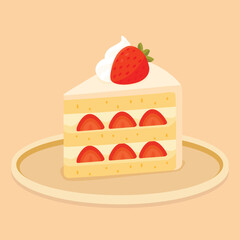 A delicious slice of strawberry shortcake with layers of sponge cake, cream, and fresh strawberries, topped with whipped cream and a whole strawberry.