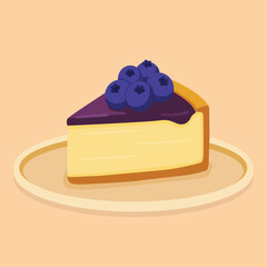 A delicious slice of blueberry cheesecake with a creamy filling and a rich purple topping, served on a light-colored plate.