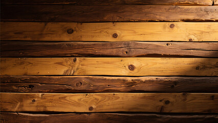 Fototapeta premium Close up of a wooden wall with horizontal planks and visible wood grain and knots in warm lighting