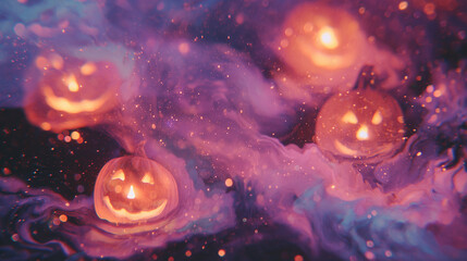 Abstract glowing jack-o’-lantern background, surreal Halloween pumpkins with neon light for spooky party design and horror projects	