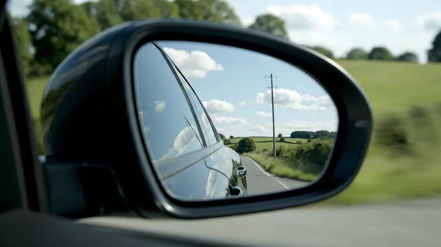 Scenic Countryside Reflected in Car Side Mirror on a Sunny Day.