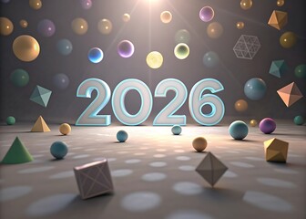 Celebrate new year 2026 with a futuristic 3d design and abstract geometric shapes
