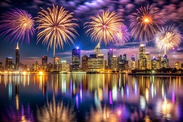 Spectacular Fireworks Display Over City Skyline Reflected in Water Celebrating New Year or Independence Day