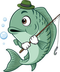 Cartoon fish with fishing rod, funny aquatic character, green hat, underwater bubbles, vector illustration, black outline, children’s coloring page