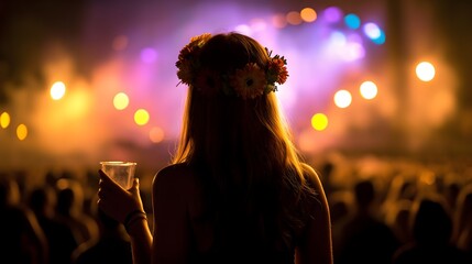 Silhouette of a young woman with flower crown holding a drink facing stage bathed in rainbow festival lights
