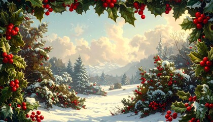A winter wonderland scene framed by holly, showcasing a snowy landscape with glistening trees and vibrant red berries.