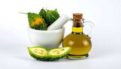 Fresh bitter melon slices and oil in a mortar and pestle on a white background.