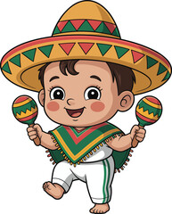 Cartoon Mexican child dancing, colorful sombrero, festive poncho, maracas in hand, traditional costume, vector illustration, kids coloring page, cultural celebration