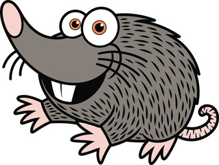 Cartoon mole illustration, funny animal character, pink nose, big eyes, curled tail, vector drawing, kids coloring page, black outline sketch