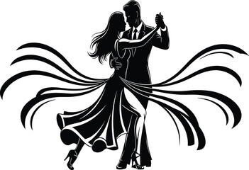 Elegant ballroom dance illustration, romantic couple in motion, black and white art, graceful pose, flowing dress, stylized performance, dramatic contrast