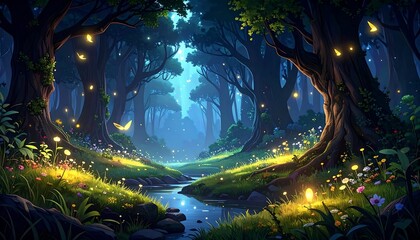A mystical, glowing forest at night, filled with glowing flowers, fireflies, and butterflies, showcases a serene and enchanting scene.