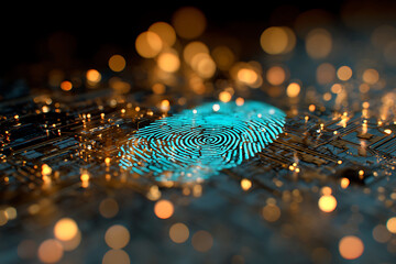 Futuristic Biometric Security, Glowing Cyan Fingerprint on a Glistening Circuit Board