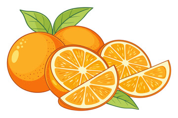 Whole and Sliced Oranges with Leaves Illustration