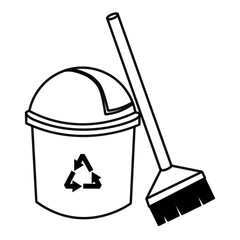 Trash Bin with Recycle Symbol and a Standing Broom Vector Illustration in Black Outline Style on Transparent Background, Minimalist Waste Management and Cleaning Equipment Icon
