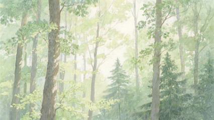 A serene watercolor painting of a forest with tall trees and lush green foliage in soft light